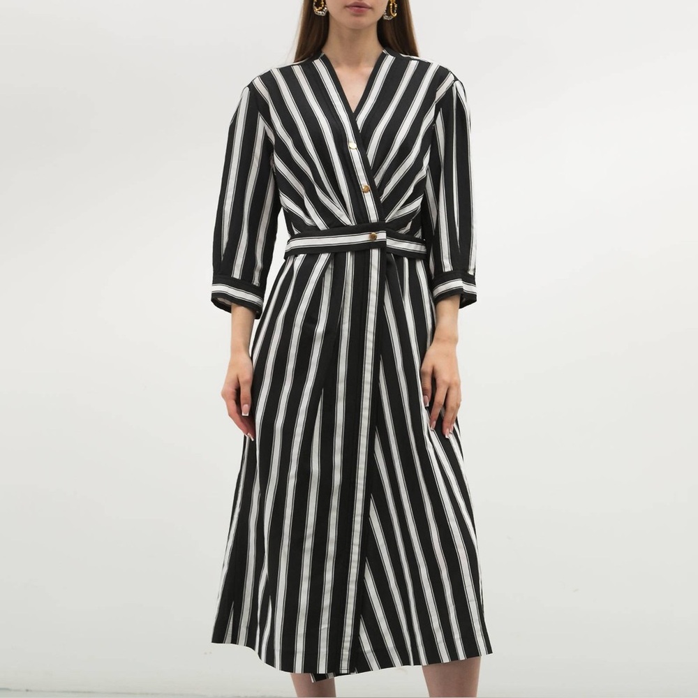 Sandro Carl Black and White Wrap Striped 3/4 Sleeve Midi Dress - Picture 2 of 15